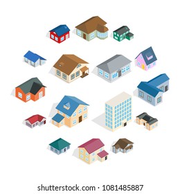 Town house cottage and assorted real estate building icons set in isometric 3d style