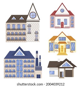Town house cottage and assorted real estate building isolated on white background. Vector illustration in flat style. set of houses 