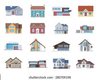 Town house cottage and assorted real estate building icons flat set isolated vector illustration