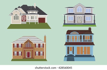 Town house cottage and assorted real estate building icons flat set isolated vector illustration