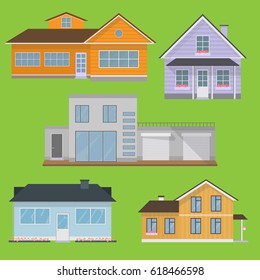 Town house cottage and assorted real estate building icons flat set isolated vector illustration