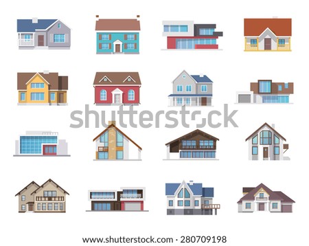 Town house cottage and assorted real estate building icons flat set isolated vector illustration