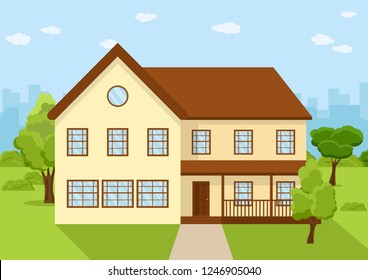 Town house cottage, flat private residential architecture. Front of the house and garden, country cottage. Grassy lawn and trees. Residential Home exterior concept flat style. Facade vector