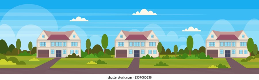 town house cottages country real estate concept private residential architecture home exterior landscape background flat horizontal vector illustration