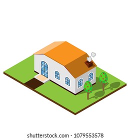 Town House in isometric design view with trees and garden.