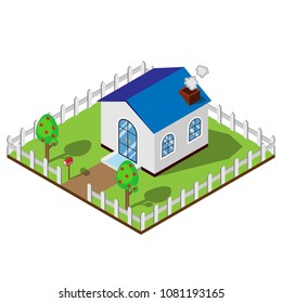 Town House in isometric design view with White fence, apple trees and garden.