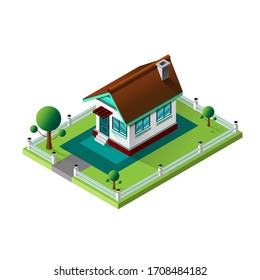Town House in isometric view with trees and garden vector