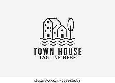 town house logo with house on the water in line style for any business especially for housing, real estate, hotel, etc.