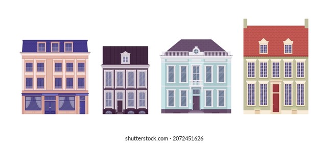 Town house set, classical mansions, different architectural style. Beautiful brick, decorated cottages detached in row, vintage apartments for urban householder. Vector flat style cartoon illustration