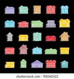 Town house set doodle vector illustration for design and web isolated on black background. Town house vector object for labels, logos and advertising