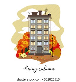 Town house in the vector. Illustration. Rainy autumn.