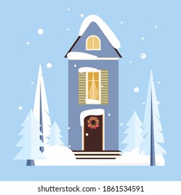 Town house, winter exterior with building facade and christmas wreath, snow, trees. Vector illustration in flat style