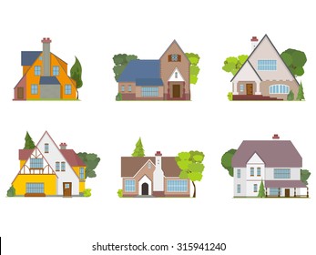 town houses and cottages isolated flat icons. isolated cottages in the village. Cottages in the village with trees. ancient and modern cottages in the village.