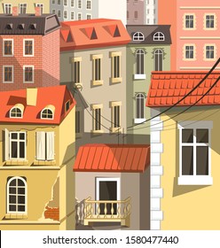 Town houses neighborhood closeup, cityscape with old European architecture vector. Buildings or houses with cellar, chimneys and antennas. Apartments or flats in brick constructions with balcony