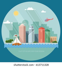 Town houses on the river bank. Building. Skyscrapers against the sky and trees. Flat style Infographic vector illustration.