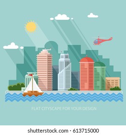 Town Houses On The River Bank. Building. Skyscrapers Against The Sky And Trees. Flat Style Infographic Vector Illustration.