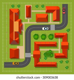 Town with houses with the road cars and trees top view