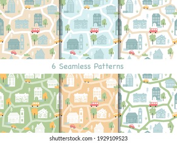 Town Houses Seamless Pattern Vector Illustration. Cartoon Scandinavian Map Townscape Collection, City Landscape With Outline Home Facades, Church Architecture, Cars In Summer Street Scenes Background