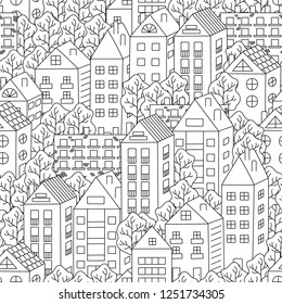 Town houses and trees seamless background. Hand-drawn black and white pattern. Vector.