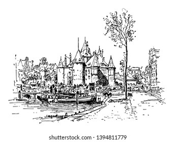 Town is a human settlement larger than a village but smaller than a city vintage line drawing or engraving illustration.