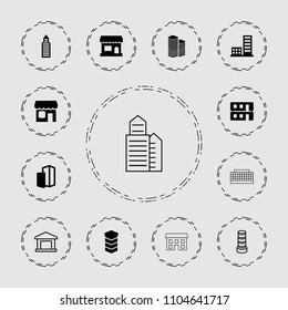 Town icon. collection of 13 town filled and outline icons such as building, house building, shop, business center building, store. editable town icons for web and mobile.