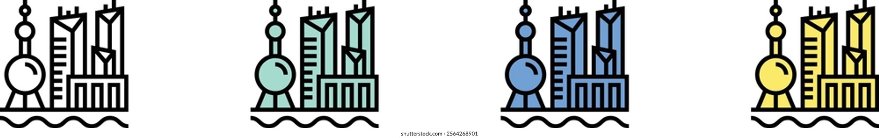 town icon. Outline, Green, Blue and Yellow Style Design Isolated On White Background