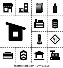 Town icon. set of 13 filled townicons such as business center building, building, house building, shop