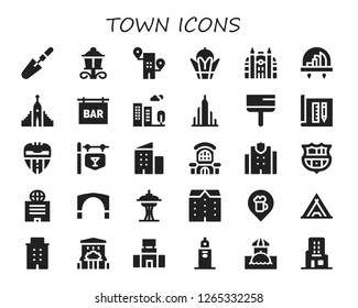  town icon set. 30 filled town icons. Simple modern icons about  - Scraper, Street lamp, Building, Bayterek, Monaco, City, Hallgrimskirkja, Bar, Burj khalifa, Architecture, Valencia