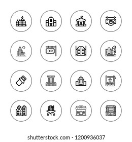 Town icon set. collection of 16 outline town icons with bar, building, buildings, bungalow, city, kremlin, mall icons.