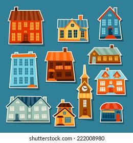 Town icon set of cute colorful houses.
