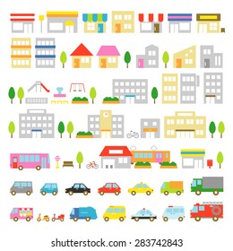 Town icon stores houses vehicles 