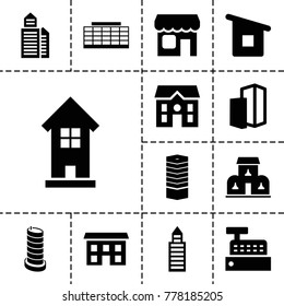 Town icons. set of 13 editable filled town icons such as business centre, building, house, house building, shop