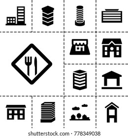 Town icons. set of 13 editable filled town icons such as business center building, house, building, shop, city landscape