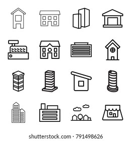 Town icons. set of 16 editable outline town icons such as business center building, building, house, house builidng, shop
