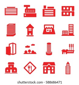 town icons set. Set of 16 town filled icons such as business center building, building, house, house building, shop, city landscape