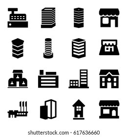 Town icons set. set of 16 town filled icons such as business centre, business center building, building, house, shop