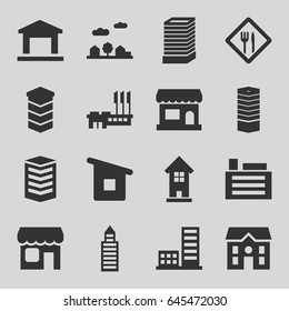 Town icons set. set of 16 town filled icons such as business centre, business center building, building, house, house building, shop, city landscape, restaurant