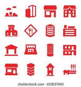 Town icons set. set of 16 town filled icons such as business centre, building, house, house building, shop, city landscape, restaurant
