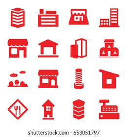 Town icons set. set of 16 town filled icons such as business center building, building, house building, shop, city landscape, restaurant