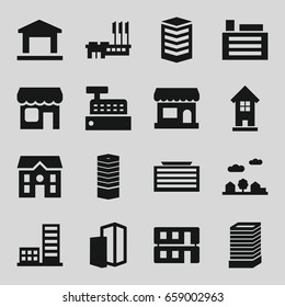 Town icons set. set of 16 town filled icons such as business centre, business center building, building, house, house building, shop, city landscape