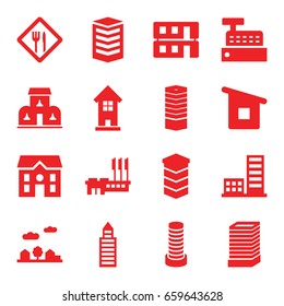 Town icons set. set of 16 town filled icons such as business centre, business center building, building, house, house building, city landscape