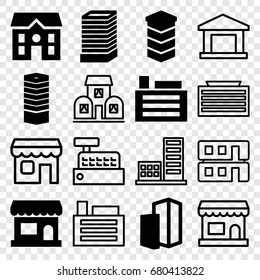 Town icons set. set of 16 town filled and outline icons such as business centre, business center building, house, building, store, house builidng