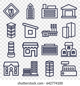 Town icons set. set of 16 town outline icons such as business centre, business center building, building, house, house builidng, shop