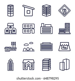 Town icons set. set of 16 town outline icons such as business centre, business center building, building, house, house builidng, shop, city landscape