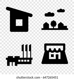 Town icons set. set of 4 town filled icons such as house building, shop, city landscape
