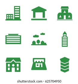 Town icons set. set of 9 town filled icons such as business center building, building, house, shop