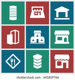 Town icons set. set of 9 town filled icons such as business centre, shop, building, restaurant