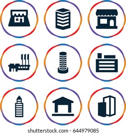 Town icons set. set of 9 town filled icons such as business center building, building, shop