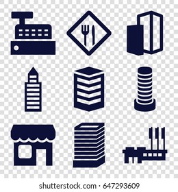 Town icons set. set of 9 town filled icons such as business center building, building, shop