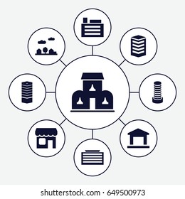 Town icons set. set of 9 town filled icons such as business centre, business center building, shop, building